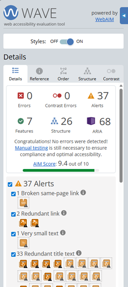 WAVE extension popup of alerts and errors